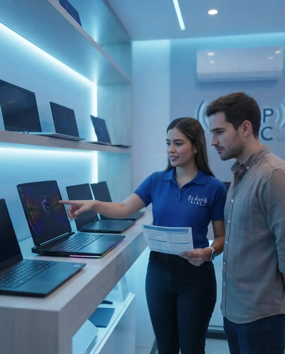 Cliente recibiendo asesoría profesional sobre la compra de un computador.