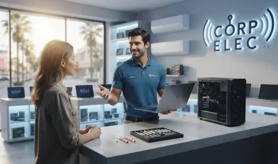 Asesor atendiendo a cliente en local de tecnología en Palmira.