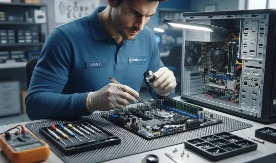 Técnico de CORPELEC revisando rendimiento y componentes de equipo usado.