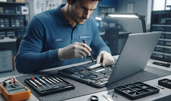 Técnico de CORPELEC instalando un disco SSD en una laptop.