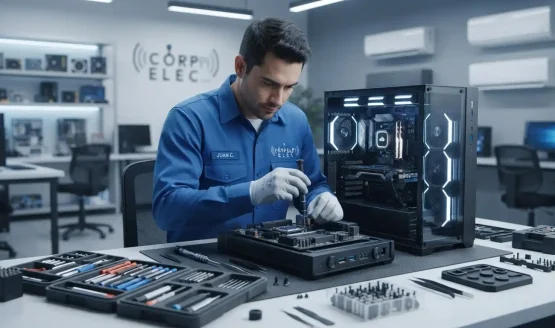 Técnico especializado ensamblando equipo de cómputo en CORPELEC SAS.